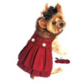 Wool Fur-Trimmed Dog Harness Coat by Doggie Design (Color: Burgundy, Size: X-Small)